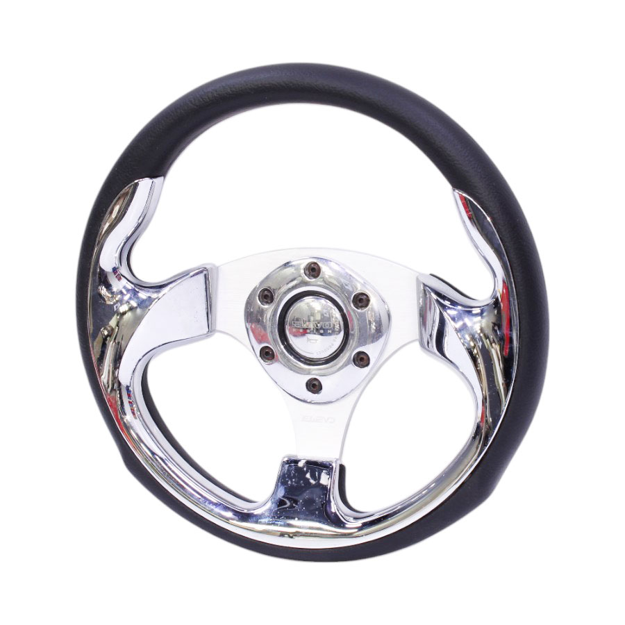 JNST004 JJ-Racing Sport Steering Wheel - Black with Chrome Centre Design - Image 1