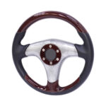 JJ-Racing Steering Wheel - Woodgrain & Black Leather with Silver Carbon Fibre Pattern Centre
