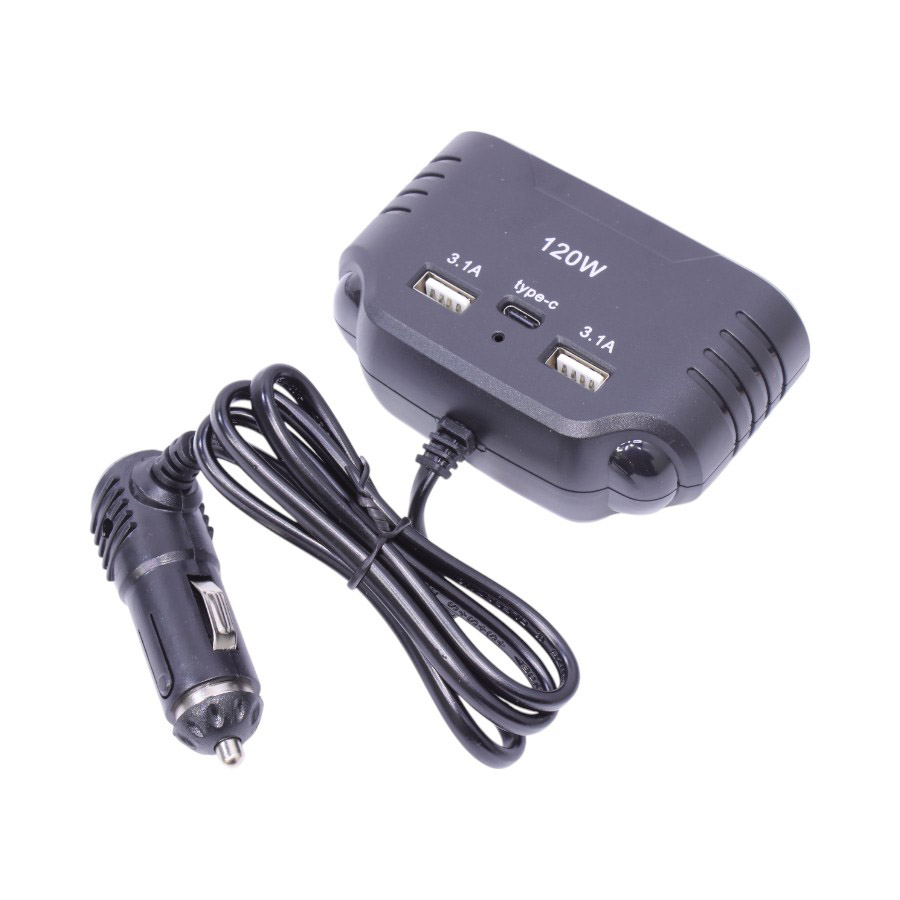 2011 120W In-Car Charger with 3 Sockets, Dual USB & Type-C – 12V/24V Output, 3.1A Max - Image 1