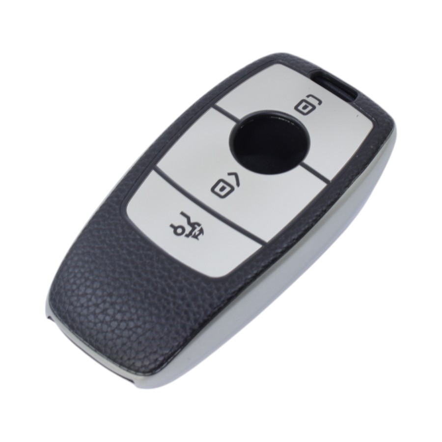 KEA-KCMC2S TPU & Leather Finish Key Cover For Mercedes-Benz - Design 2 - Silver (XEA-KCMC2S) - Image 1