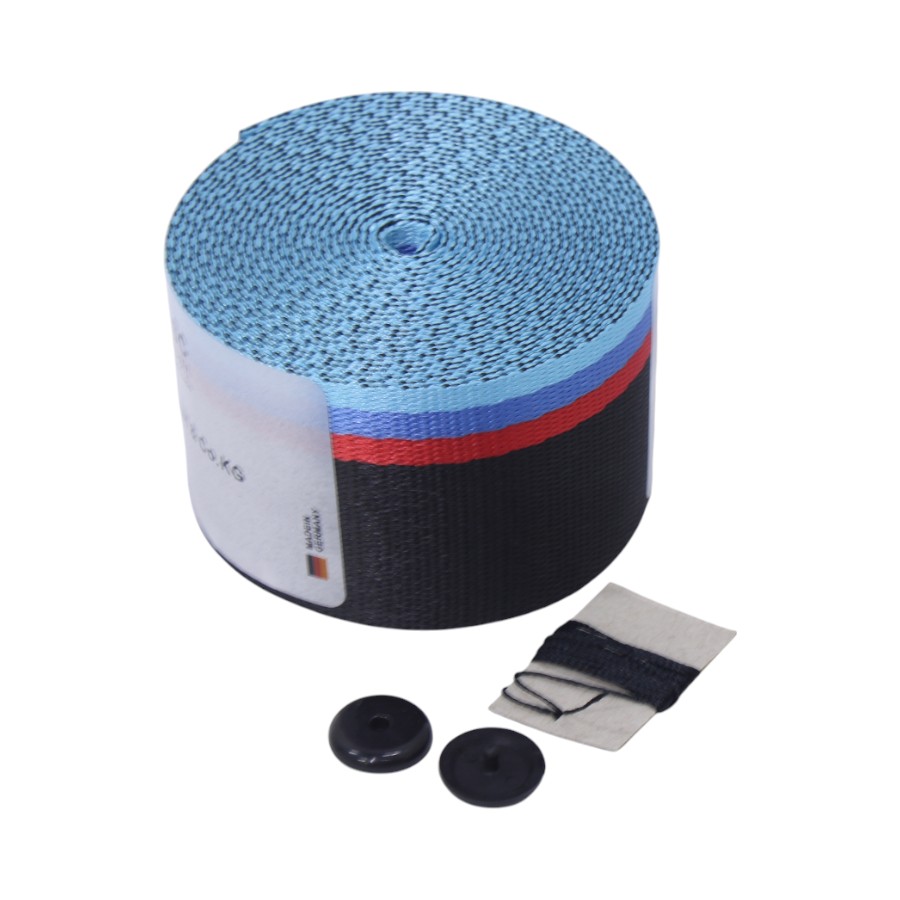 SB- ROLLM STRIP Safety Seat Belt Webbing Roll (Motorsport Stripes Blue/Red/Black) - Image 1
