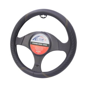 Universal 38cm Red & Yellow Stitch Black Leather Steering Cover