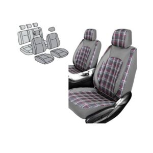 11piece Seat Cover Set - Tartan Design Black & Red Pattern with Grey PVC Trim
