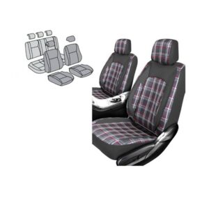 11piece Seat Cover Set - Tartan Design Black & Red Pattern with Black PVC Trim