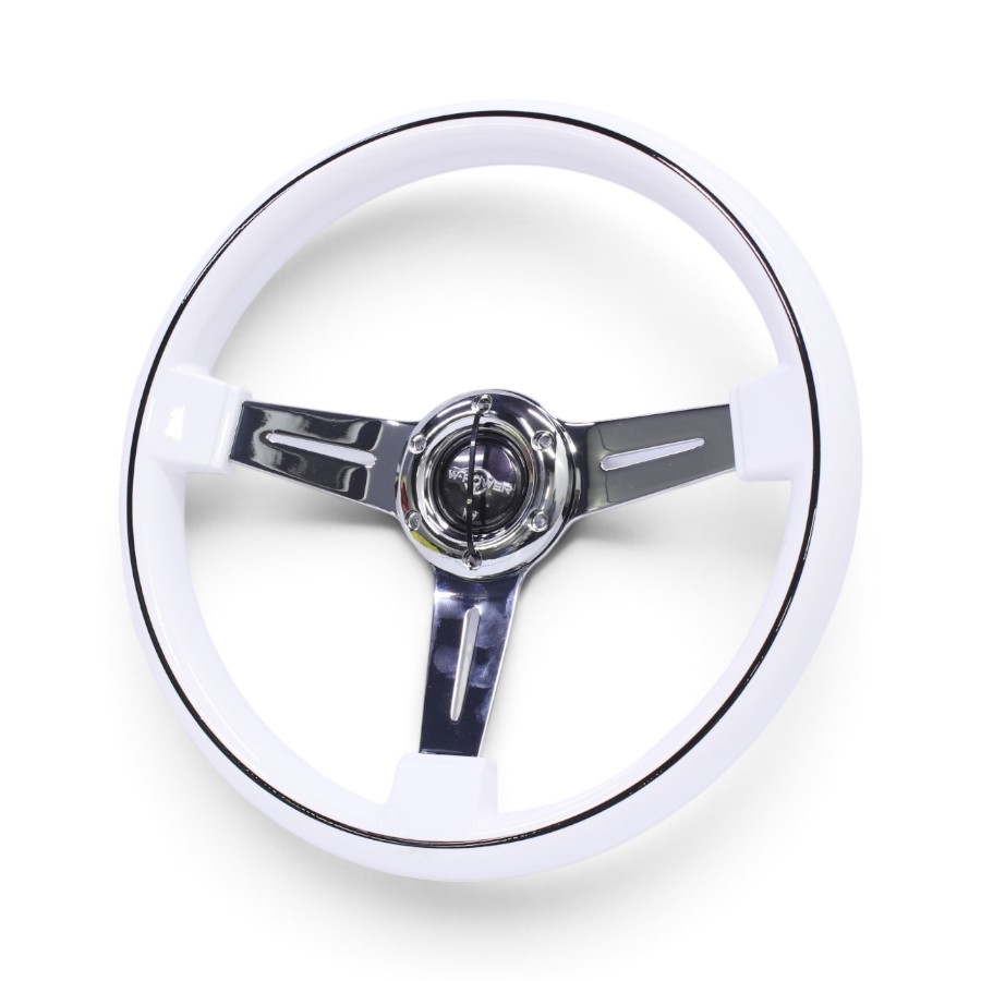 AK-8906-CH WH GripForge 340mm White with Black Pinstrip & Chrome Sport Steering Wheel - Image 1