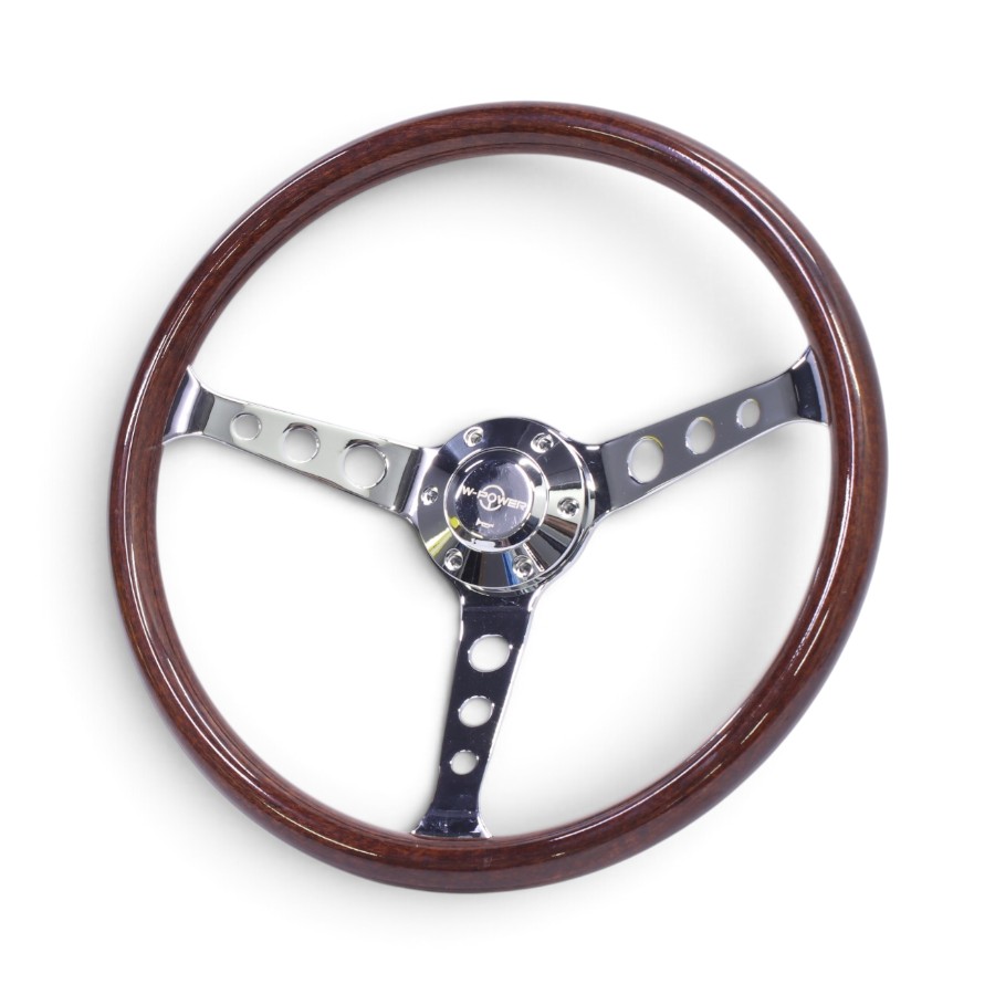 AK-8976A-CH WL GripForge 380mm Dark Woodtrain Vintage 3-Spoke Chrome Steering Wheel - Image 1