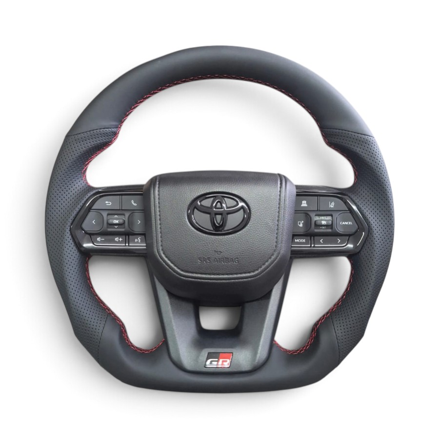 SWLC300BLKRD Toyota LC300 Style Black Leather Steering Wheel with Red Stitching – Land Cruiser, Hilux & Fortuner - Image 1