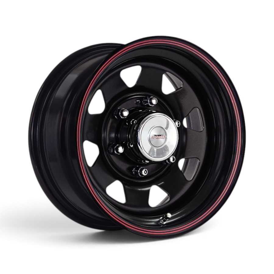 82460077 15" A-Line Spoke 5x114 Satin Black with Red Pinstripe Steel Wheels - Image 1
